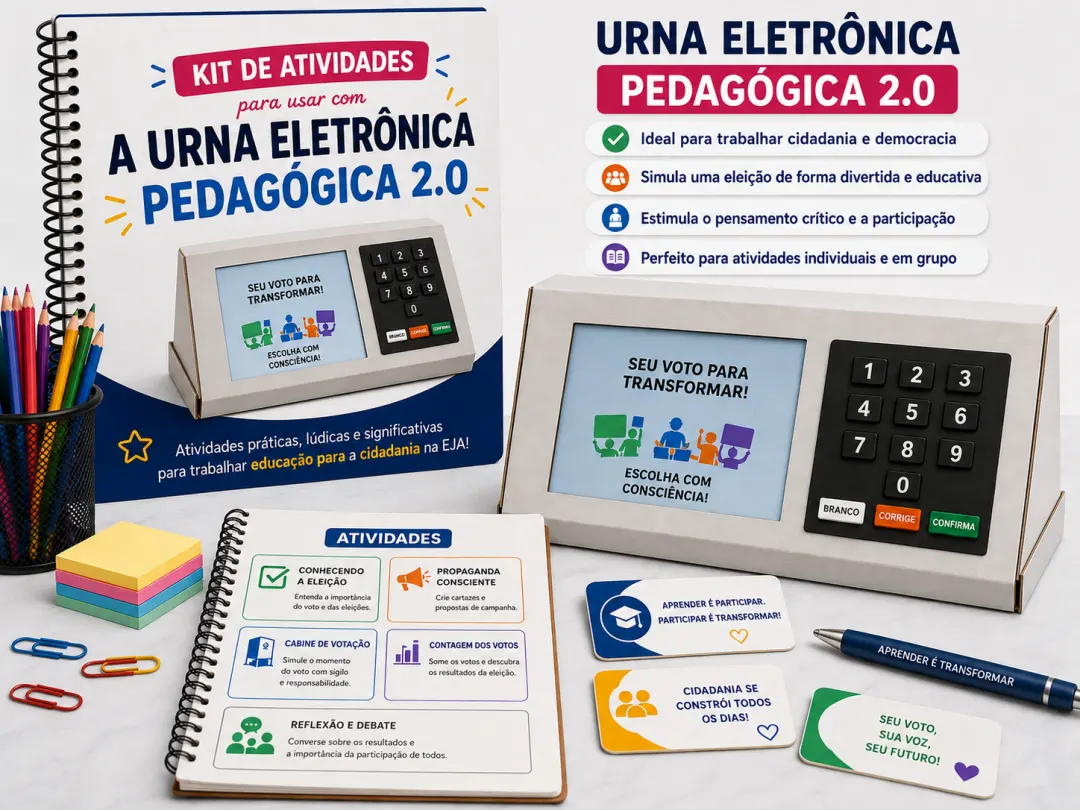 Urna Eletrônica Pedagógica 2.0 montada em papelão, com painel do leitor e teclado numérico padrão eleitoral, em sala de aula da EJA